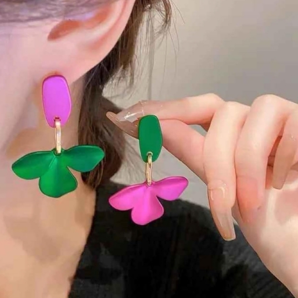 Painted Floral Purple Green Statement Earrings